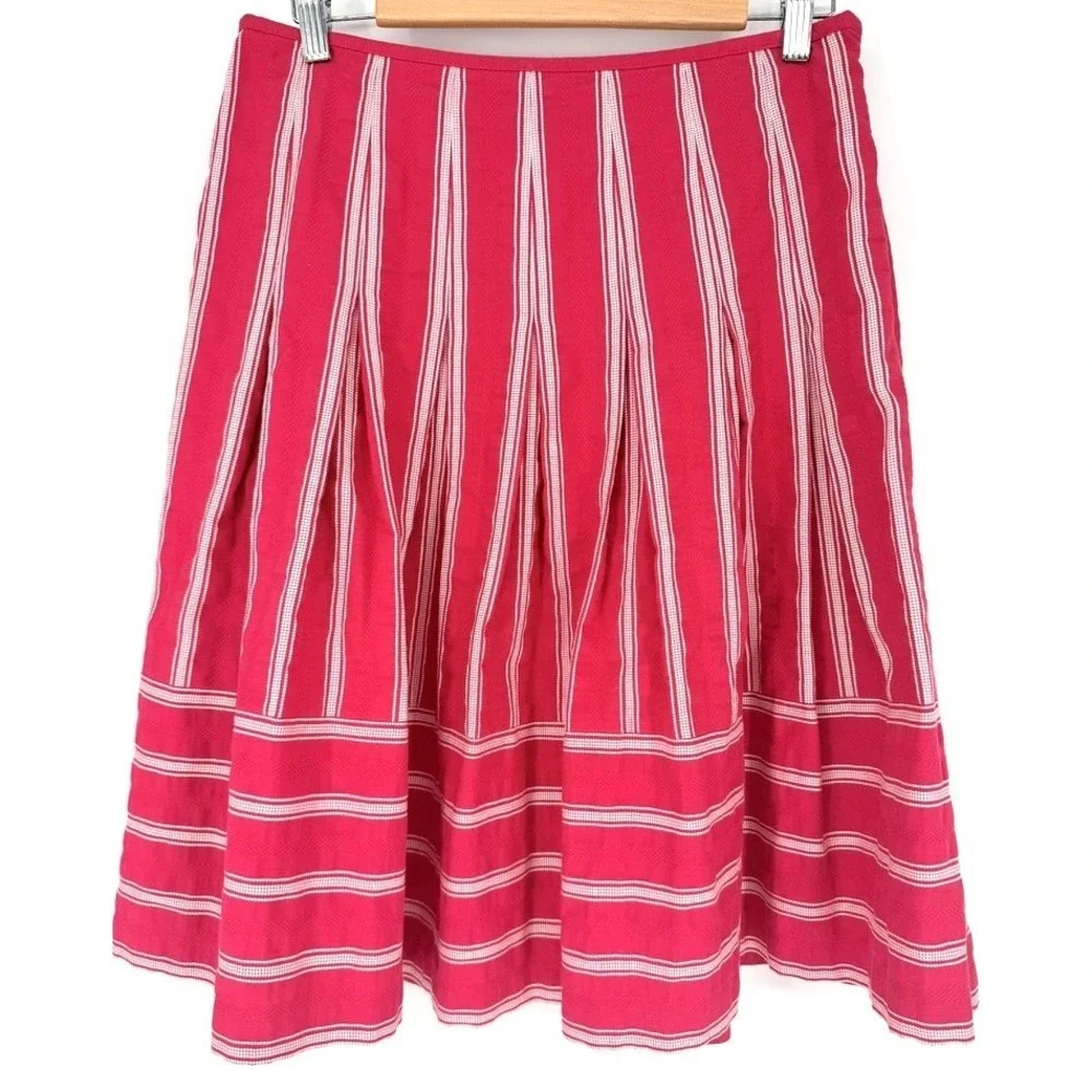 Talbots Womens Red White Striped‎ Pleated Cotton Skirt Embroidery Preppy Twee 6